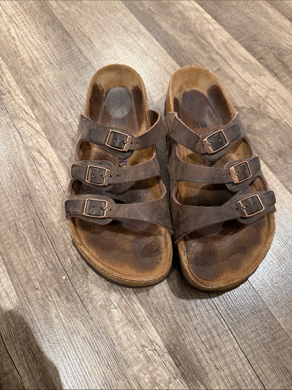 Triple Strap Brown Leather Slide Sandals